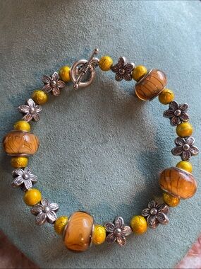 Artisan Lampwork Glass Bracelets Amber Honey Glass Flower spacers/ Toggle Clasp
